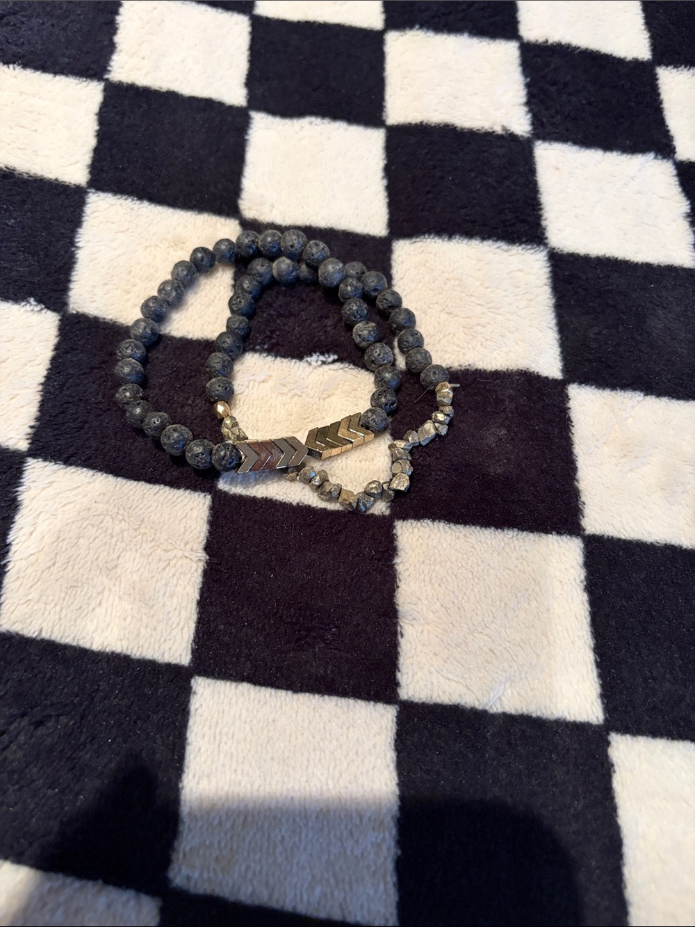 Gray Beaded Stretch Bracelet Set with Gold Chevron Accent